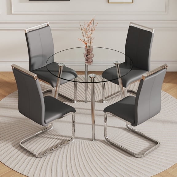 SUDICA Round Dining Set for 4, 40" Glass Table with Grey PU Leather Chairs, Modern Small Kitchen Table Set for Dining Room
