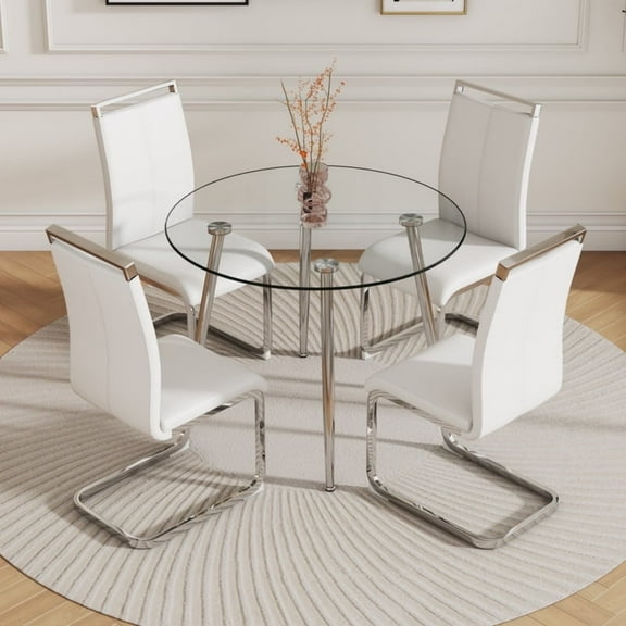 SUDICA 40" Round Glass Dining Table Set for 4, Modern Small Kitchen Table with Tempered Top and Light Grey PU Leather Upholstered Chairs for Dining Room