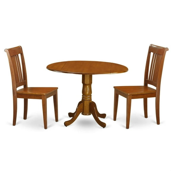 Compact Round Kitchen Table Set with Drop Leaf - Asian Hardwood, Saddle Brown Finish - Ideal for Small Dining Areas - Includes 2 Comfortable Chairs