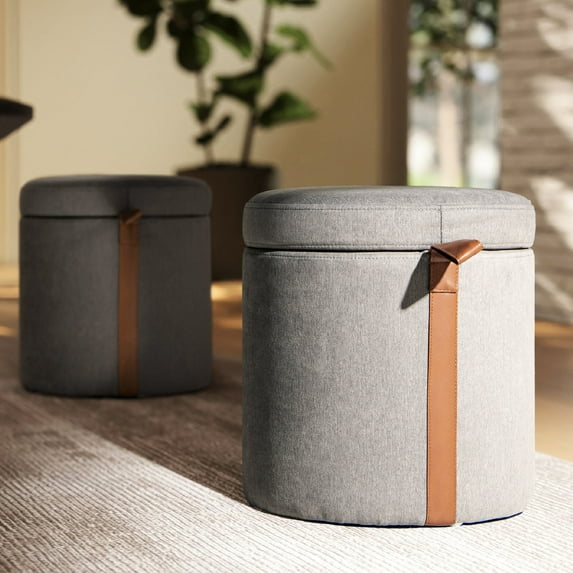 Compact Round Ottoman with Storage Feature/Neutral Color Fits Any Style
