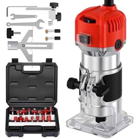 Compact Router 800W Wood Milling Trimming Engraving Slotting Machine 30000 RPM 6 Speed with 15PCS Milling Blades Set Handheld Edge Trimmer for Cabinet Handicraft Making DIY Housework