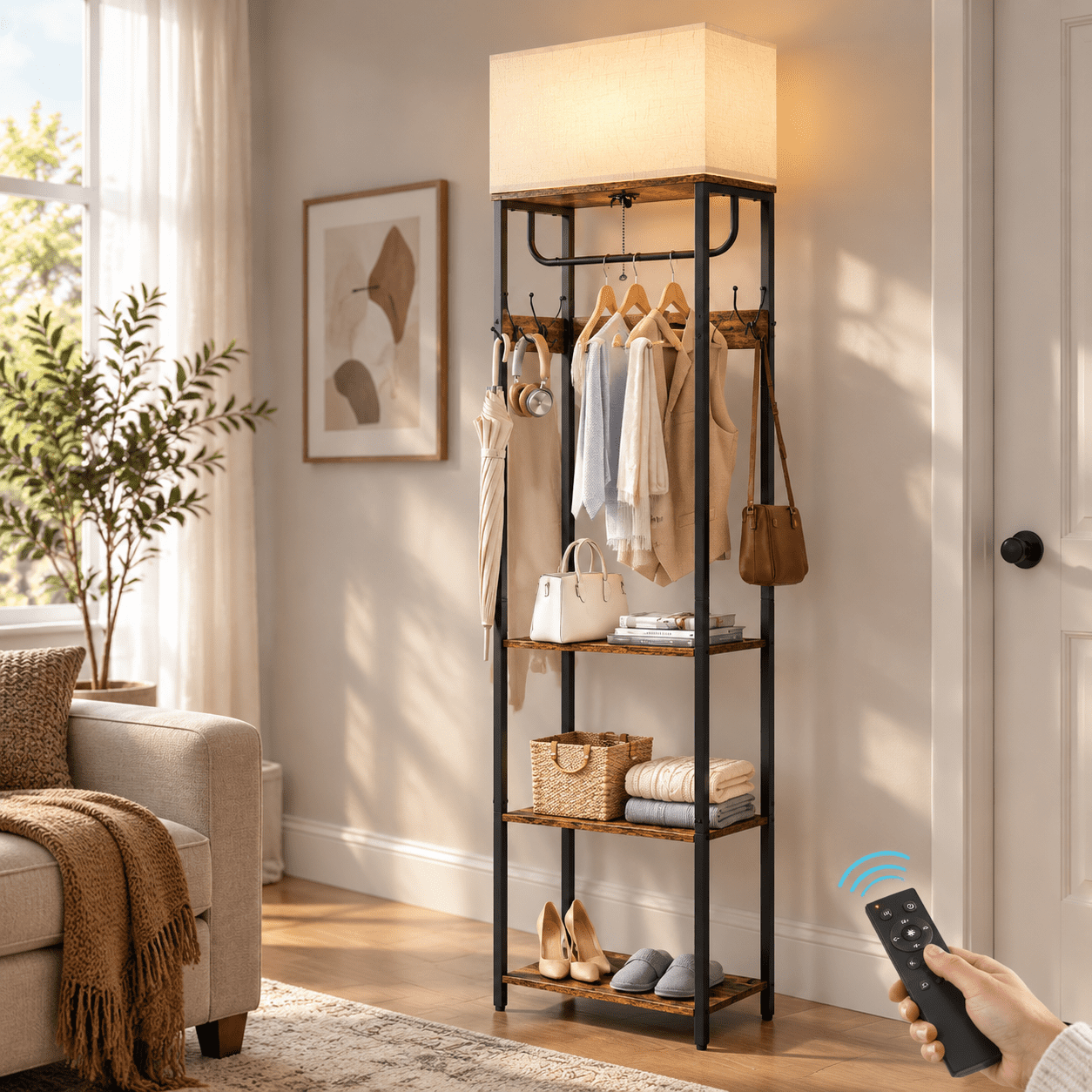 Compact Rustic Brown Coat Rack with Lamp, 3 Color Temperatures, Space ...
