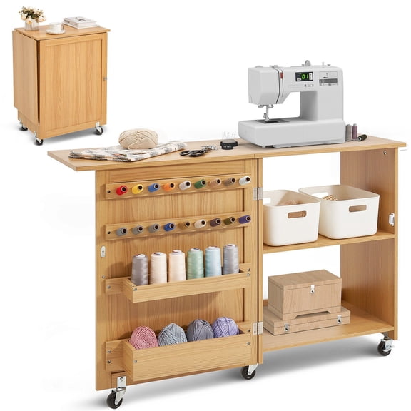 Compact Sewing Table with Wheels and Storage, Portable Sewing Desk Cabinet with Magnetic Doors and Shelves, Wooden Sewing Machine Table for Craft Room