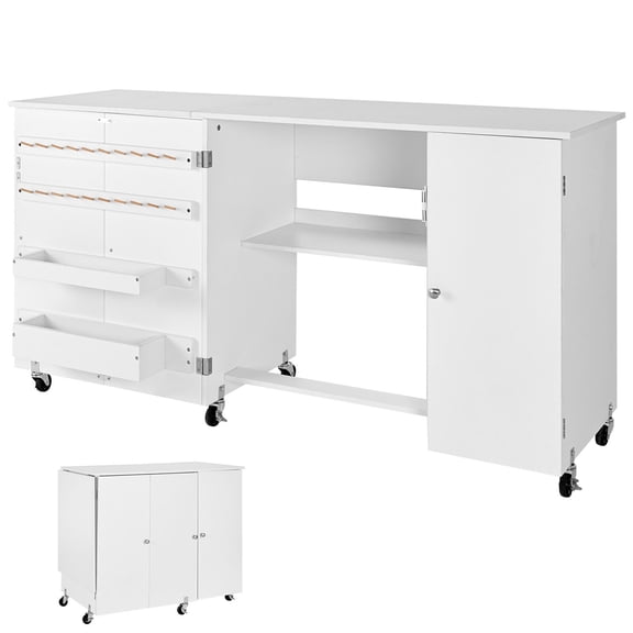 Compact Sewing Table with Storage Cabinet, Rolling Craft Station, Magnetic Door, and Side Desk for Home Use, White