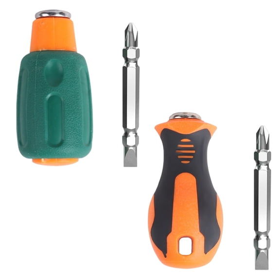 Compact Short Handle Screwdriver Set, 2 Piece Crosshead and Flat Head Tools with Tips for Cabinet, Shelf and Furniture Work