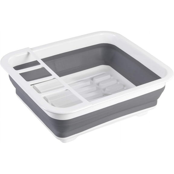 BPA Free Dish Drainer, Grey/White, Durable Construction, Pop-Up Design, Separate Silverware Slots, Easy To Clean, Collapsible Storage