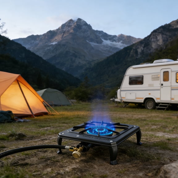 Compact Single Burner Cast Iron Propane Camping Stove with Adjustable Flame and CSA Approved Regulator and Gas Hose