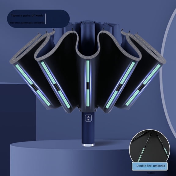 Compact Size, Sapphire Blue Automatic Reverse Umbrella - Waterproof, UV Protection, Stylish Folding Design with Double-Bone Structure and Secure Locking Mechanism for Sun and Rain