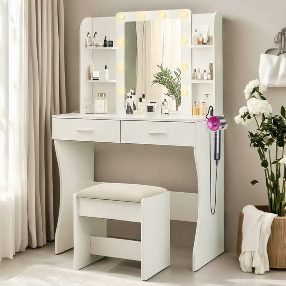 Compact Size Vanity Desk with Mirror and Lights, 34 Inch Makeup Vanity with Power Outlet & Hair Dryer Rack,3 Adjustable Lighting Colors, Vanity Set with Cushioned Stool