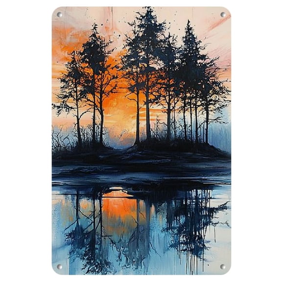 Compact Size, Vintage Iron Wall Art Sign - 8x12 Inch, Ink Landscape with Pine Trees and Reflective Waters, Peace Symbol, Craft Decoration for Home, Garage, Cafe, Bar, Outdoor Decor, 2D
