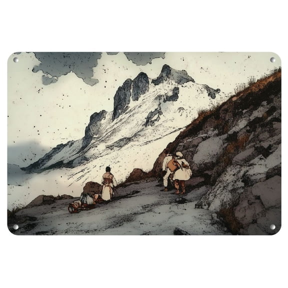 [Compact Size] Vintage-Style Iron Wall Art Sign - 12x8 Inches, Rustic Mountain Path Scene with Hikers &amp; Campfire, Perfect for Home, Office, Cafe &amp; Pub Decor, Pub Decoration