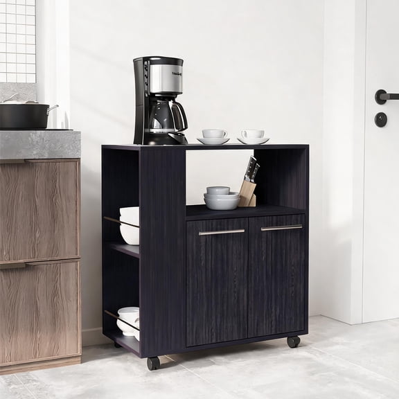 Compact Sized Kitchen Base Storage Cabinet Cart, Deep Black MDF with Two Doors and Multiple Shelves