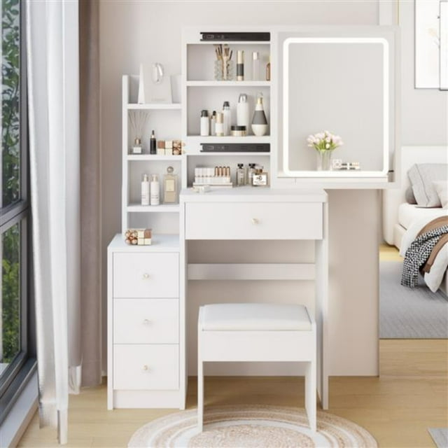 Compact Small Size Left Bedside Vanity Table with Cushioned