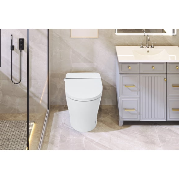 Compact Smart Toilet Bidet Combo with Self-Cleaning Nozzle, Dual Flush 1/1.28 GPF, Tankless Toilet with Foot Sensor Flush, White Night Light, Knob Control, Power Outage Flushing, Soft Close, 27L x