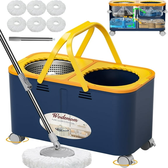 Compact Spin Mop and Bucket with Clean & Dirty Water System, Floor Mop with 360 Swivel Wheels, 61" Handle, 6 Reusable Mop Heads for for Wood, Tile, Vinyl, Baseboards- Blue/Yellow
