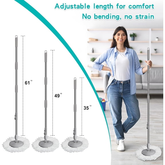 Compact Spin Mop and Bucket with Clean & Dirty Water System, Floor Mop with 360° Swivel Wheels, 61" Handle, 6 Reusable Mop Heads for Wood, Tile, Vinyl, Baseboards - Blue/Yellow