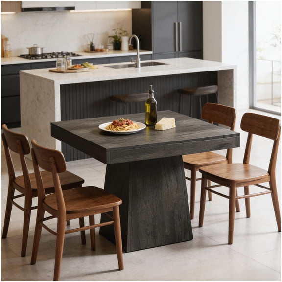 Compact Square Kitchen Table, Dark Gray Wood Dining Table for Apartments, Sturdy Farmhouse Table Seats 4