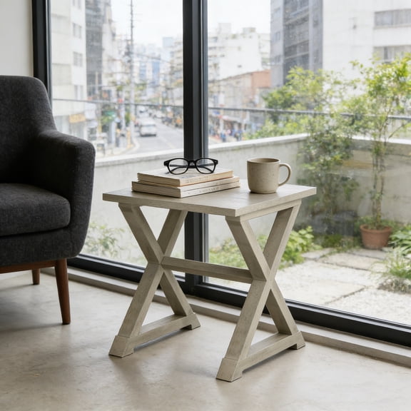 Compact Square Side Table, X-Shape Wooden Accent Table with Light Gray Finish, Modern End Table for Small Spaces, Living Room, Bedroom, Nightstand, Easy to Assemble