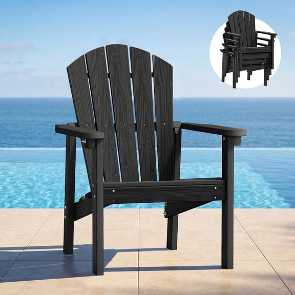 Cobiod Stackable Adirondack Chair, HDPE All-Weather Patio Chair, Wood Grain Ergonomic Outdoor Chair for Fire Pit & Backyard, Black