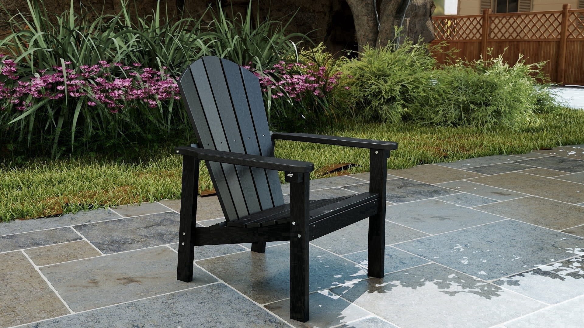 Cobiod Stackable Adirondack Chair, HDPE All-Weather Patio Chair, Wood Grain Ergonomic Outdoor Chair for Fire Pit & Backyard, Black