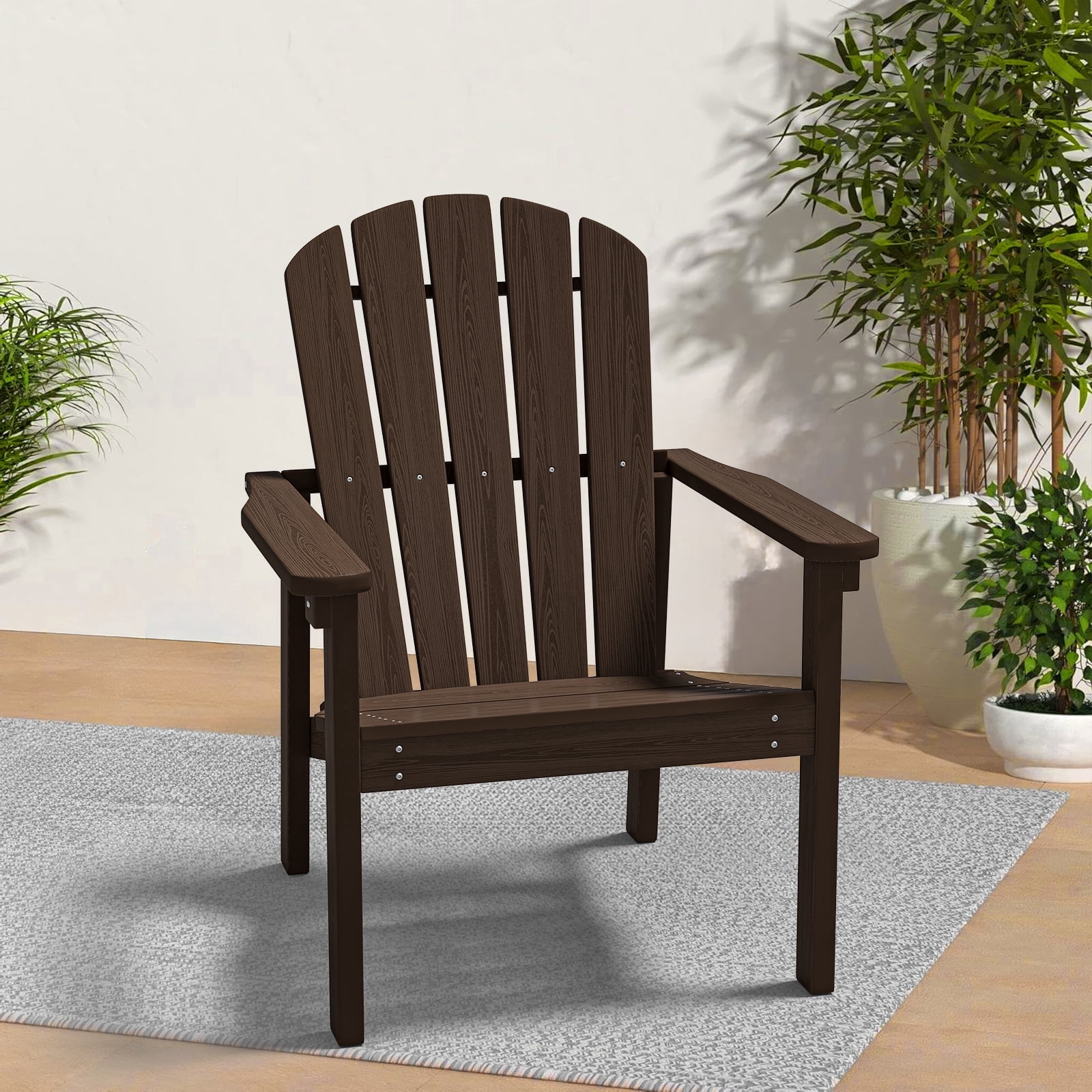 Compact Stackable Adirondack Chairs, All-Weather HDPE Patio Chairs, Wood Grain Ergonomic Outdoor Chairs, Coffee