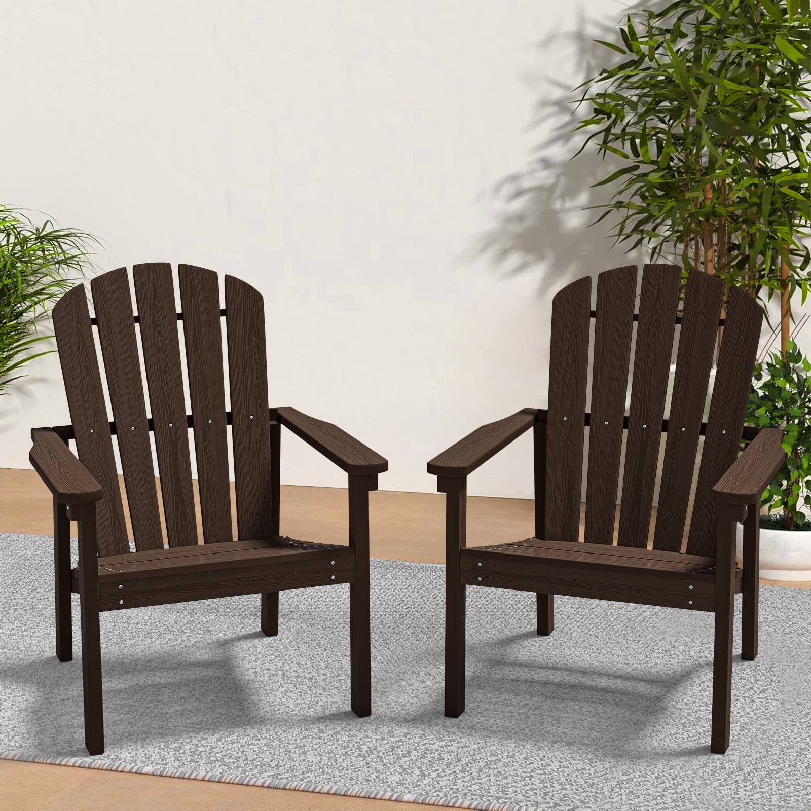 Compact Stackable Adirondack Chairs Set of 2, All-Weather HDPE Patio Chairs, Wood Grain Ergonomic Outdoor Chairs, Coffee