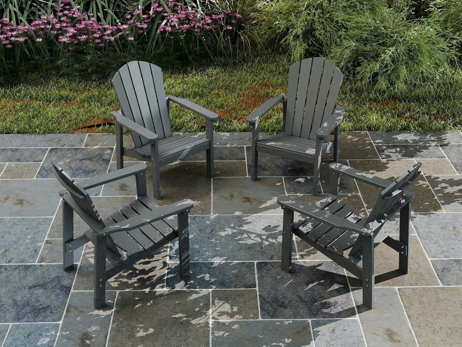 Cobiod Stackable Adirondack Chairs Set of 4, HDPE All-Weather Patio Chairs, Wood Grain Ergonomic Outdoor Chairs, Grey