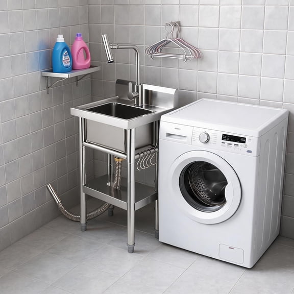 Compact Stainless Steel Freestanding Utility Basin, Single Deep Bowl with Hot & Cold T-Shaped Faucet, Easy Installation, Ideal for Laundry Room, Garage, Kitchen, Bathroom