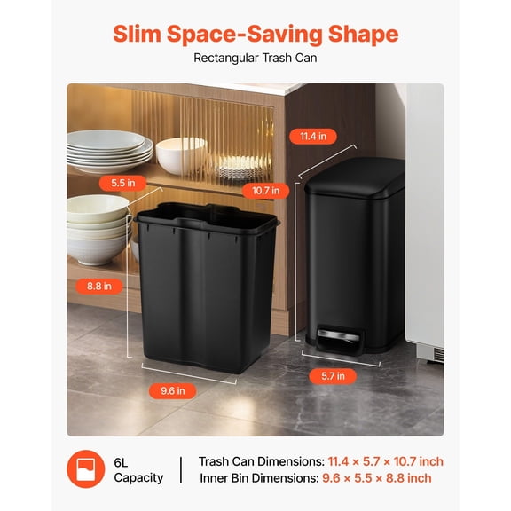 Compact Step-On Garbage Can, 6L Soft-Close Lid Slim Design Trash Bin for Small Spaces, Bathroom and Bedroom, Black
