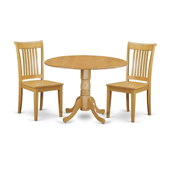 Compact and Stylish Double-Drop Leaf Kitchen Dining Set - Oak Finish | Round Table with 2 Chairs | High-Quality Asian Hardwood | Ideal for Small Spaces