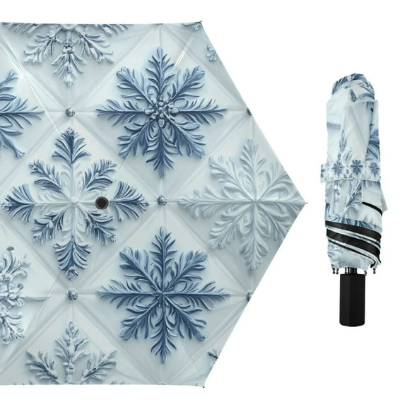 Compact Sun Umbrella Windproof Travel Umbrellas for Rain Strong Portable UV Protection 3d Blue White Snowflakes
