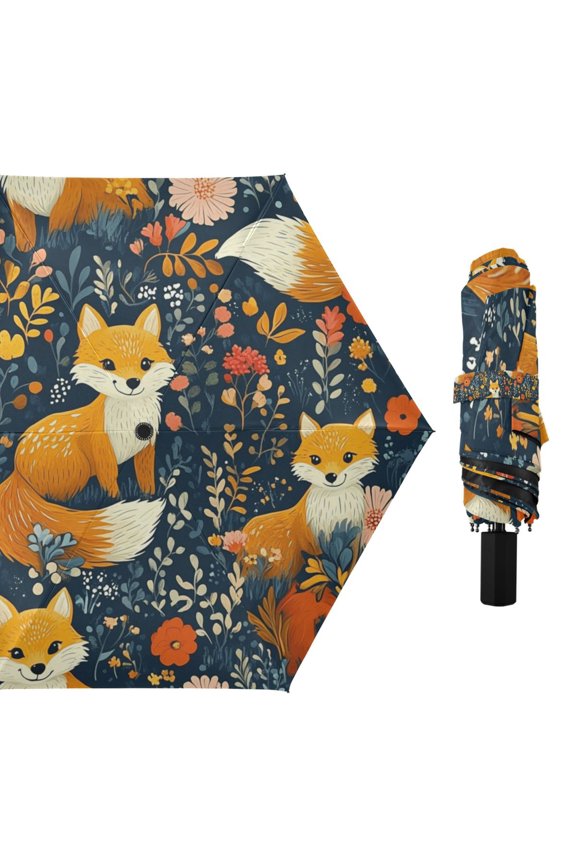 Compact Sun Umbrella Windproof Travel Umbrellas for Rain Strong Portable UV Protection Adorable Foxes with Flowers Leaves