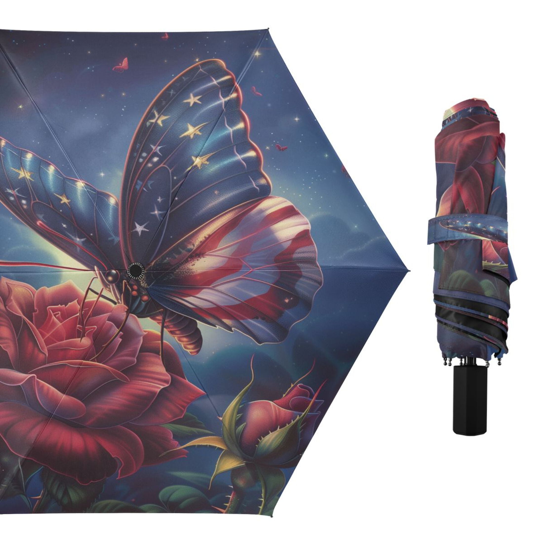 Compact Sun Umbrella Windproof Travel Umbrellas for Rain Strong Portable UV Protection American Flag Colored Butterfly with Flower