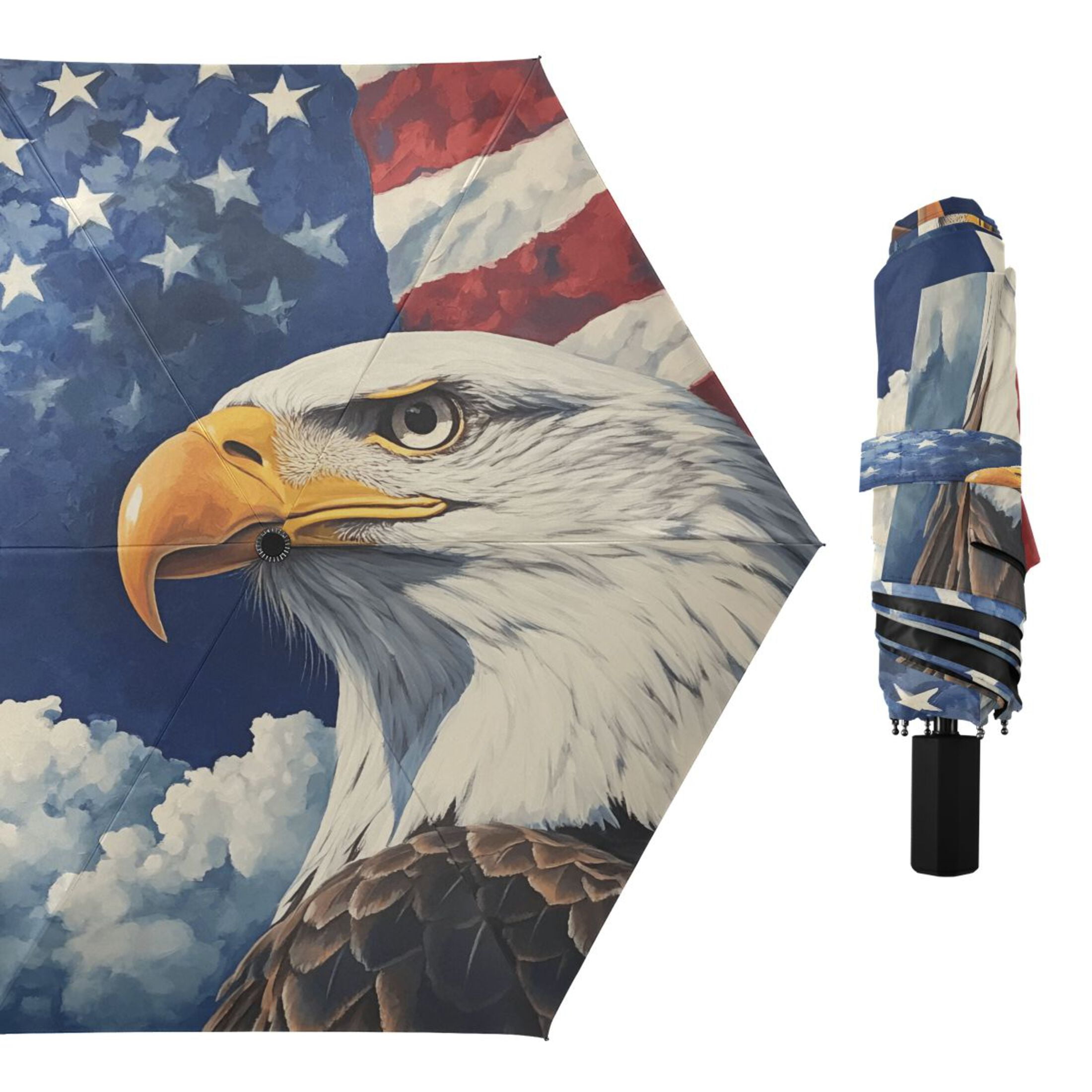 Compact Sun Umbrella Windproof Travel Umbrellas for Rain Strong Portable UV Protection American Flag and Eagle