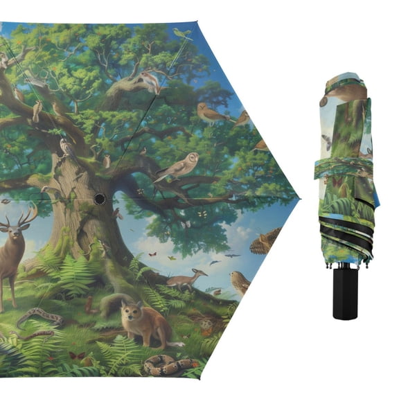 Compact Sun Umbrella Windproof Travel Umbrellas for Rain Strong Portable UV Protection Animals Surrounded Tree