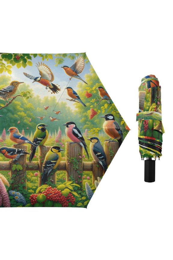 Compact Sun Umbrella Windproof Travel Umbrellas for Rain Strong Portable UV Protection Birds Play in Forest