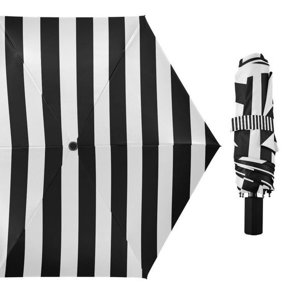 Compact Sun Umbrella Windproof Travel Umbrellas for Rain Strong Portable UV Protection Black and White Striped