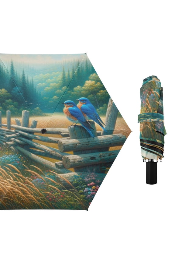 Compact Sun Umbrella Windproof Travel Umbrellas for Rain Strong Portable UV Protection Bluebirds and Forests