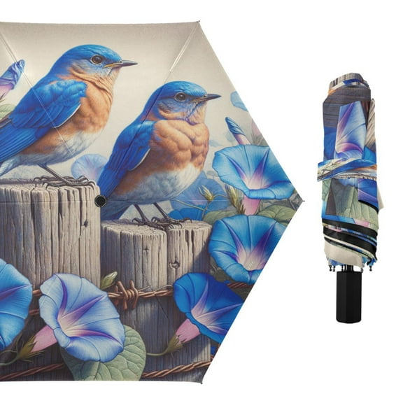 Compact Sun Umbrella Windproof Travel Umbrellas for Rain Strong Portable UV Protection Bluebirds on Wooden Fence and Flower