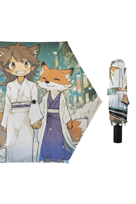 Compact Sun Umbrella Windproof Travel Umbrellas for Rain Strong Portable UV Protection Cartoon Fox on Street