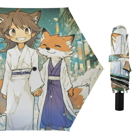 Compact Sun Umbrella Windproof Travel Umbrellas for Rain Strong Portable UV Protection Cartoon Fox on Street