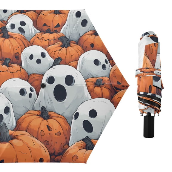 Compact Sun Umbrella Windproof Travel Umbrellas for Rain Strong Portable UV Protection Cartoon Ghosts Hide in Pumpkins