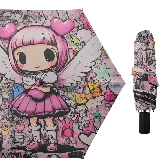 Compact Sun Umbrella Windproof Travel Umbrellas for Rain Strong Portable UV Protection Cartoon Girl and Graffiti