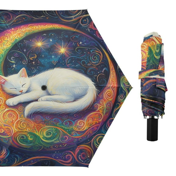 Compact Sun Umbrella Windproof Travel Umbrellas for Rain Strong Portable UV Protection Cat Laying on Moon