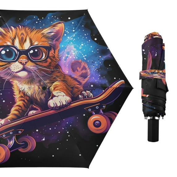 Compact Sun Umbrella Windproof Travel Umbrellas for Rain Strong Portable UV Protection Cat with Glasses Skateboard