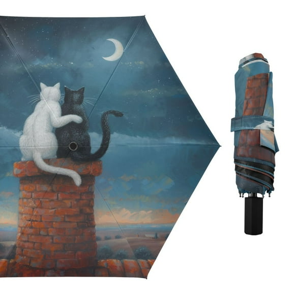 Compact Sun Umbrella Windproof Travel Umbrellas for Rain Strong Portable UV Protection Cats on House with Moon