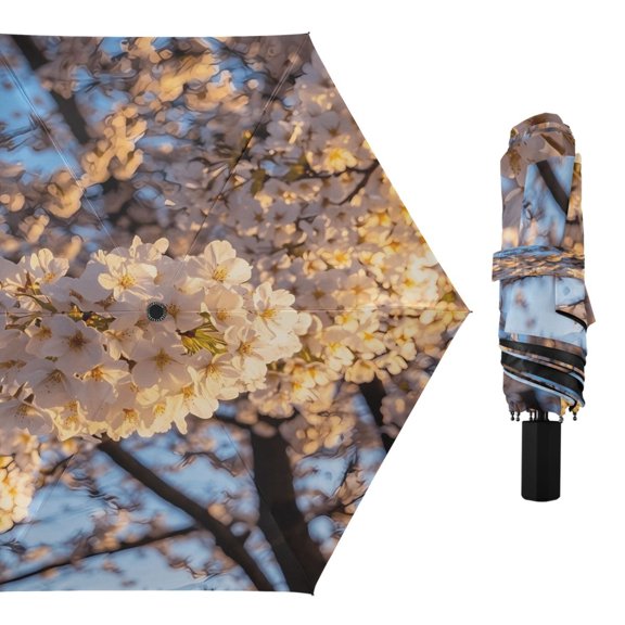 Compact Sun Umbrella Windproof Travel Umbrellas for Rain Strong Portable UV Protection Cherry Tree Blossom