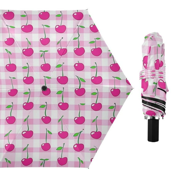 Compact Sun Umbrella Windproof Travel Umbrellas for Rain Strong Portable UV Protection Cherry on Gingham