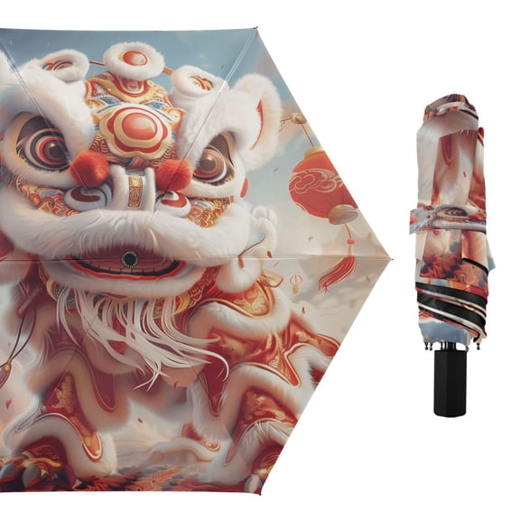 Compact Sun Umbrella Windproof Travel Umbrellas for Rain Strong Portable UV Protection Chinese Lion Dance