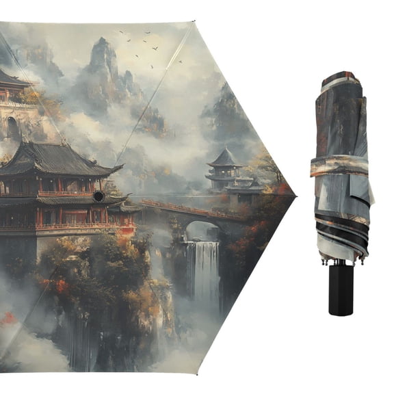 Compact Sun Umbrella Windproof Travel Umbrellas for Rain Strong Portable UV Protection Chinese Temples on Mountain